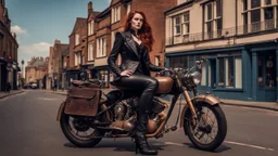 full-height portrait of a woman with straight shoulder-length auburn hair, with metal arms and legs, dressed in leather trousers, and a waistcoat, in a Victorian street next to a steampunk motorbike blue sky