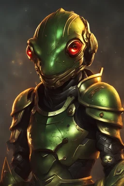 Frog Green Soldier Portrait Glow big red eye Gold Armor warrior Robotic lightning Silver Smoke fire Dust 16k details epic rare future water