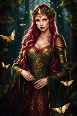 Burgundy hair, dark hair,dark red , rapunzel hair,very long hair,dark fairy princess,elven crown,night,dragonflies,beautiful,ong ashes,golden armor ,sparkle,night blooming,ivy,dark green,lilly of valley,golden elven crown,elven warrior,dark gold armor