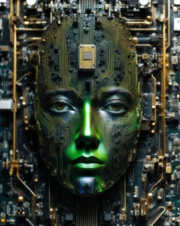 a cyborg face in circuit motherboard face,melted in to the circuit board and chipset computer