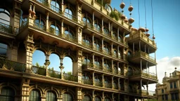 A surrealist depiction of hanging balconies, seemingly suspended in mid-air, devoid of any supporting structure. The balconies are rendered in a vibrant, almost hallucinatory style, reminiscent of Salvador Dali's melting clocks. Each balcony is uniquely detailed; some are ornate with wrought iron railings, others are minimalist with sleek, modern designs. The balconies are populated with everyday objects – a wilting flowerpot, a half-read book, a forgotten teacup – hinting at a life lived and