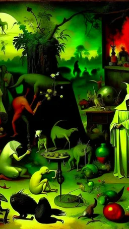 some mysterious figures, odd background, cinematic, Hieronymus Bosch, Max Ernst, vegetal life, rotten, ambient light, cry, ritual, surreal, animals