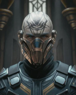 star wars heavily scarred head bald male corellian jedi wearing gunmetal grey and black old republic armored flightsuit and breath mask with gold and metallic red trim inside the jedi temple, centered head and shoulders portrait, hyperdetailed, dynamic lighting, hyperdetailed background, 8k resolution, volumetric lighting, light skin, fully symmetric details