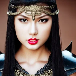 beautiful young asian queen with black leather studded armor, delicate black braided hair, glass eyes, highly detailed, 8k, ambient light, taylor swift