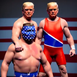 Realistic image of Donald trump wrestler, Mexican wrestling style, eyes mask, red and blue breeches, glow confederate flag dress, suspenders, retro style, 80s, vibrant color, highly detailed, sky background, concept art, unreal engine 5, god rays, ray tracing, RTX, lumen lighting, ultra detail, volumetric lighting, 3d, finely drawn, high definition, high resolution.