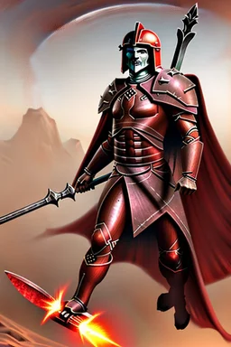 Planet Mars portrayed as a menacing man wearing Roman-like armour, a red cape, and a spartan helmet that covers his face entirely, he is armed with a spear and a spartan shield, his armour is covered with battle marks