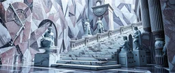 greek gods and heroes, the chariot, the fool and the tower tarot card disaster rendered in magnificient 4d glossy marble stones reflective and wet, like mirrors, winding stairs, watchers, statues of perfect octahedron dice