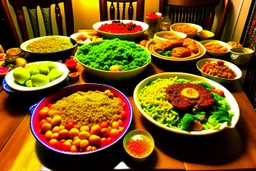 لقطة لوجبة منزلية شهية مع مجموعة متنوعة من الأطعمة المحلية، تجسد تجربة السفرة المنزلية وتواصل العائلة والأصدقاء حول الطعام.