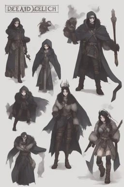 A dnd character sheet. A woman dressed for the cold north dressed in dark furs, with black hair. Death cleric wearing a mask with a skull, female woman girl