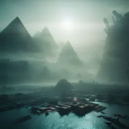 sci-fi city underwater with pyramids and ancient writings, mood is gloomy, colors include blue and red and green, shafts of lighting, mist, , photorealistic, , volumetric light, cinematic