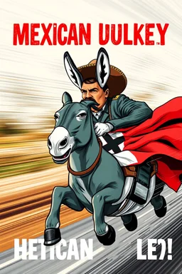 Political propaganda poster for Mexican farmer Hitler on fast superhero donkey, airbrush and pen outline, motion blurred background