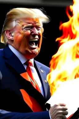 donald trump burns the american flag while maniacally laughing