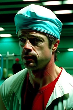 brad pitt from fight club wearing swimming google and a swimming cap