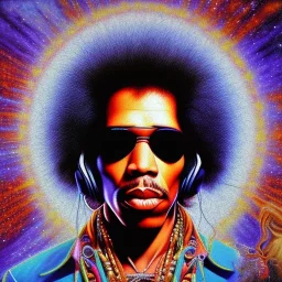 a realistic picture of Jimi Hendrix with dreadlocks, at a turntable with headphones on being a DJ, vivid color, with sunglasses, psychedelic trippy art, with UFOs in the background