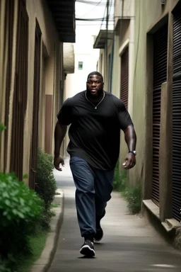 Tall big fat black man far away running down a alleyway