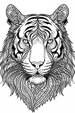 outline art for an Adult coloring page, Sketch style, only use outline< Block print style Tiger, clean line art, white background, no shadows and clear and well