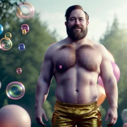 Ultra realistic circus scene. Classic Naked strongman, waist up view, Wes Anderson style, happy, bubbles, highly detailed, concept art, unreal engine 5, god rays, ray tracing, RTX, lumen lighting, ultra detail, volumetric lighting, 3d, finely drawn, high definition, high resolution.