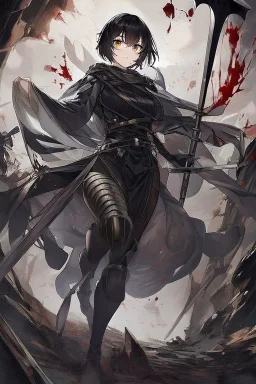 Anime girl with short black hair and sharp green eyes holding a sinister spear, full body black and white metal plate armour, full body shot, Dramatic lighting,1woman, soaked in blood,Warrior