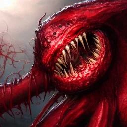 red, monster, tentacles, teeth, horror, detailed, realistic, gore, eyes, 8K, fantasy, scary, demonic, hyperrealism, huge, blood, creature, highly detailed, volumetric lighting, sharp focus