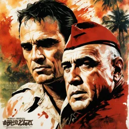 Surrreal movie poster art by Drew Struzan of bald Marlon Brando as Colonel Kurtz in "Apocalypse Now", military choppers, insane jungle war torn hellscape, deep red sunrise, by Carne Griffiths, Marlon Brando's mad countenance unsettling aura dominating the canvas, double exposure effects by Andreas Lie, surreal dream movie poster, War is hell!!.