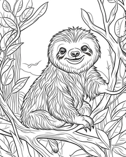 create a 2d black outline, "safari smiling cartoon sloth on a branch coloring book for kids", coloring page, low details design, black contour, coloring page design, simple background, colorful , card style, coloring page for kids, white background, sketch style, safari landscape, cartoon style