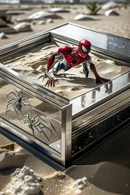 Spiderman's close up footprint lodged within sand in a neat, square display glass box, "spiderman" engraved on small metal plate outside of the box, realistic and highly detailed, 8k