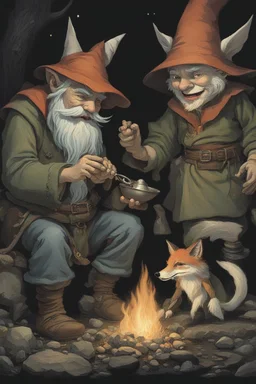 a gnome and a goblin eating in front of a fish fire, figure with fox mask behind in the environment, riverbank, night, moonlight,