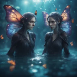 close up portrait of two Mind flayer witches with butterfly wings under water in well lit well vulcanic background,bokeh like f/0.8, tilt-shift lens 8k, high detail, smooth render, down-light, unreal engine,bokeh like f/0.8, tilt-shift lens 8k, high detail, smooth render, down-light, unreal engine