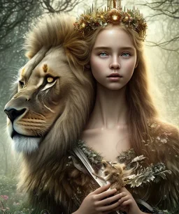 Young beautiful girl wearing floral crown with a stunning lion on nature forest path, Chronicles of Narnia, 8k resolution, high-quality, fine-detail, iridescent, intricate, digital art, detailed matte, volumetric lighting, beautiful, illustration, 3D octane render, brian froud, howard lyon, selina french, anna dittmann, annie stokes, lisa parker, greg rutowski,