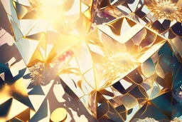 beautiful composition, symmetric pattern, Double exposure of cubes in which abstract flowers are, cracked holographic marble background, the cracks are golden S<AI in sunshine