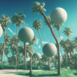 1980's aesthetic vaporwave curvy palm trees with spheres and ufo