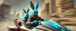 portrait with bluegreen bunny man squad with indian skin, space race on mega vehicle, From the shadows, they rise, with a spark in their eyes, Ethereal echoes of a world we once knew, With the glam and the glamor, we reach for the skies, Cosmic rhythms pull us through, [Chorus] Suti came for our world, with the power to ignite, Dancing through the stars, we find our light. motion blurred background of ancient space ruins