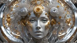 figure of a woman, art from the "art of control" collection by Jasper Harvey, futuristic optics style, silver and gold, flower, bird, detailed facial features, swirling vortices, 8k 3d, whimsical cyborgs made of crystals, high detail, high resolution, 8K