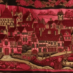 A dark reddish magenta village designed in medieval tapestry