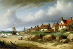 A village with windmills near a beach painted by Gustave Courbet