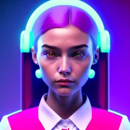 waitress teenager, rounded face, pink hair, made up cheeks, striped shirt, neon ambient light, vibrant color, pop style, highly detailed, art stations, concept art, smooth, unreal engine 5, god rays, ray tracing, RTX, lumen lighting, ultra detail, volumetric lighting, 3d, finely drawn, high definition, high resolution.