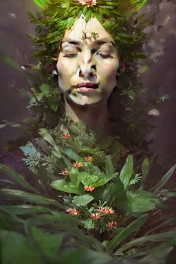 a beautiful portrait of a plant goddess with closed eyes by Greg Rutkowski and Raymond Swanland, Trending on Artstation, ultra realistic digital art