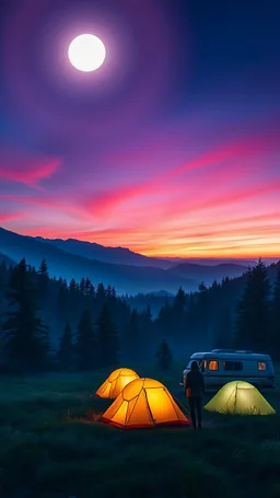 beautiful and serene morning light landscape scene depicting a campsite in a mountain forest area. The image shows a group of glowing an illuminated tents set up in a meadow-like clearing, with a classic camper van or van parked nearby.The sky above is a stunning display of vibrant color, with deep shades of blue and purple transitioning to warmer hues of orange and red towards horizon landscape. A bright, sunrise hangs overhead, casting a soft, ethereal glow over the entire scene.a woman,long b