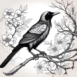 crow drawing with branches with flowers background just outlines