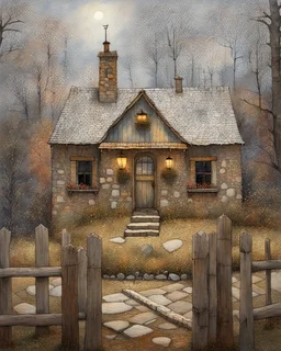 lone old stone cottage with lights on, by Frozen apocalypse " a patchwork art by Jamie heiden, peter doig, Renoir, pol Ledent, endre penovac, Gustave Loiseau, Arthur Rackham, Doug Chinnery, Maud Lewis. inlay, watercolors and ink, beautiful, fantastic view, extremely detailed, intricate, best quality, highest definition, rich colours. intricate beautiful dynamic lighting award winning fantastic view ultra detailed 4K 3D high definition hdr elegant intricate beautiful award winning fantastic view