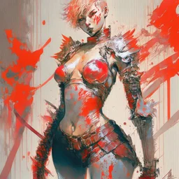 Alessandra DaDario mistress, fencing stance, red leather armor, red leather combat boots, short pixie blonde hair, big chest, final fantasy tactics, showing skin, big hips no clothing, happy, Full body, Beautiful waifu style girl, hyperdetailed painting, luminism, art by Carne Griffiths and Wadim Kashin concept art, 4k resolution, fractal details bioluminescence , 3d render, octane render, intricately detailed , cinematic, trending on artstation ,Centered hyperrealistic cover photo awesome full