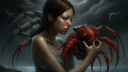 A surreal and horrifying transformation scene where a woman's body is gradually morphing into an evil, monstrous crayfish. Her skin becomes scaly, and her legs turn into powerful crustacean appendages. Her face distorts into a menacing, jagged mouth with sharp teeth. The background is a cloudy, ominous sky, and the air is thick with tension and fear.