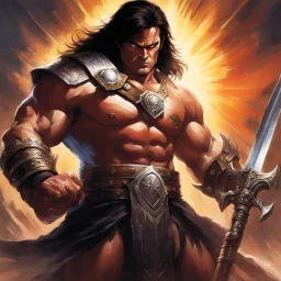 n his hands, Conan wields a warhammer, its weight seemingly insignificant within his mighty grasp. The weapon gleams in the sunlight, a testament to the countless foes it has crushed under its devastating blows. With every sinewy muscle flexed, Conan exudes an aura of raw power and indomitable strength. His gaze never wavers, locked onto some unseen target in the distance. It is the gaze of a warrior, honed by years of hardship and survival. In that moment, Conan appears as an unstoppable force,