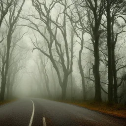 long road in the middle of the forest, with fog, cloudy day with rain, distant old church