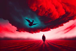 A dark sihlouette of a person flying among the beautiful haunting blood-red clouds