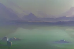 distant modern city, sea, mist, rocks, lake reflection, epic, sci-fi, claude monet painting