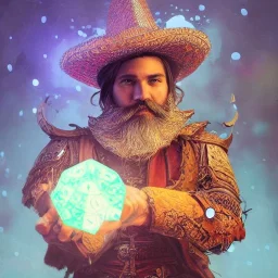 Insanely detailed photograph of an “D&D mariachi holding glowing D20” with intricate detailed beard, intricate clothing, hyperdetailed painting by Ismail Inceoglu Huang Guangjian and Dan Witz CGSociety ZBrush Central fantasy art album cover art,8K, hdr, mysterious, flickeringlights ,Stoic