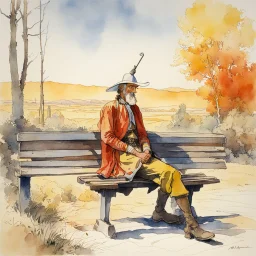 Don Quixote sitting on a bench, aquarelle by Moebius