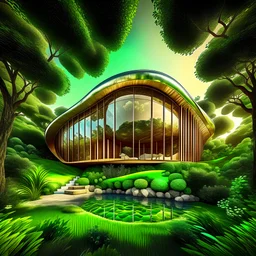 A mesmerizing organic house nestled within an enchanting garden, architectural photography capturing the sleek lines of modernist design, bathed in warm sunlight, emphasizing the harmony between the man-made structure and the natural surroundings, Illustration, digital art,