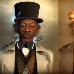 Morgan Freeman steam punk character in top hat very detailed cinematic unreal engine photo realistic